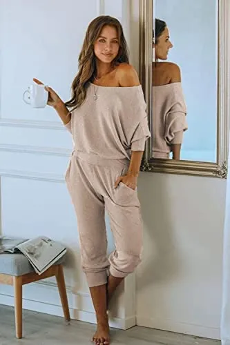 PRETTYGARDEN Women's 2 Piece Ribbed Tracksuit Outfits Off Shoulder Long Sleeve Pullover Lounge Pants with Pockets