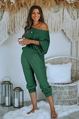 PRETTYGARDEN Women's 2 Piece Ribbed Tracksuit Outfits Off Shoulder Long Sleeve Pullover Lounge Pants with Pockets