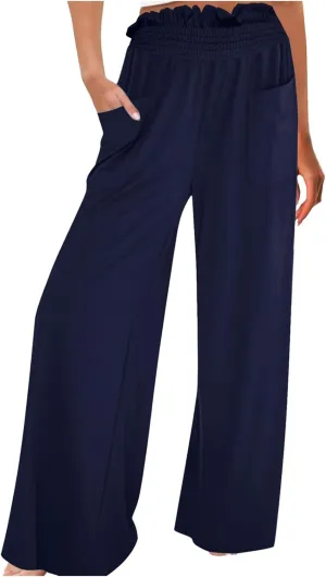 PTOLOCIF Palazzo Pants for Women,Drawstring High Waist Palazzo Pants Wide Leg Cotton Pants Summer Beach Loose Trousers