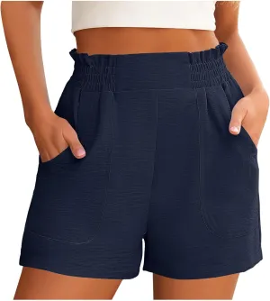 Shorts for Women Solid Color Elastic High Waisted Wide Leg Short Pants with Pockets Summer Casual Lightweight Shorts