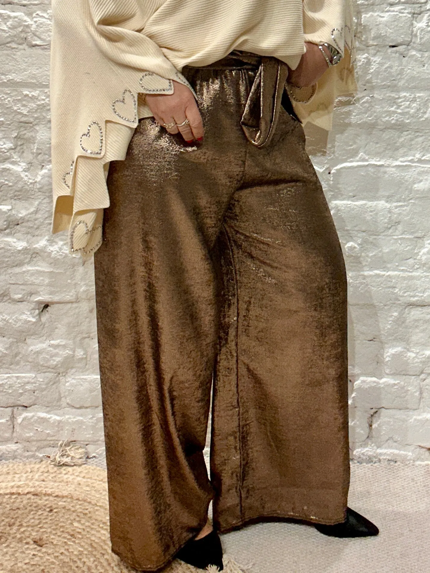 The Shiny Sarah Metallic Wide Leg Trousers With Elastic Waist