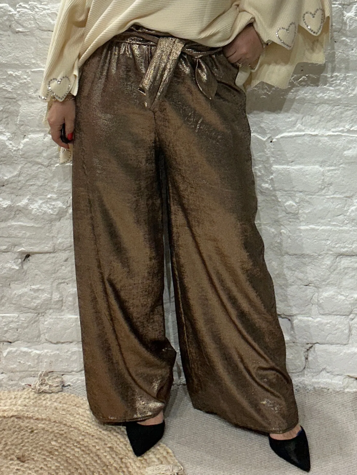 The Shiny Sarah Metallic Wide Leg Trousers With Elastic Waist