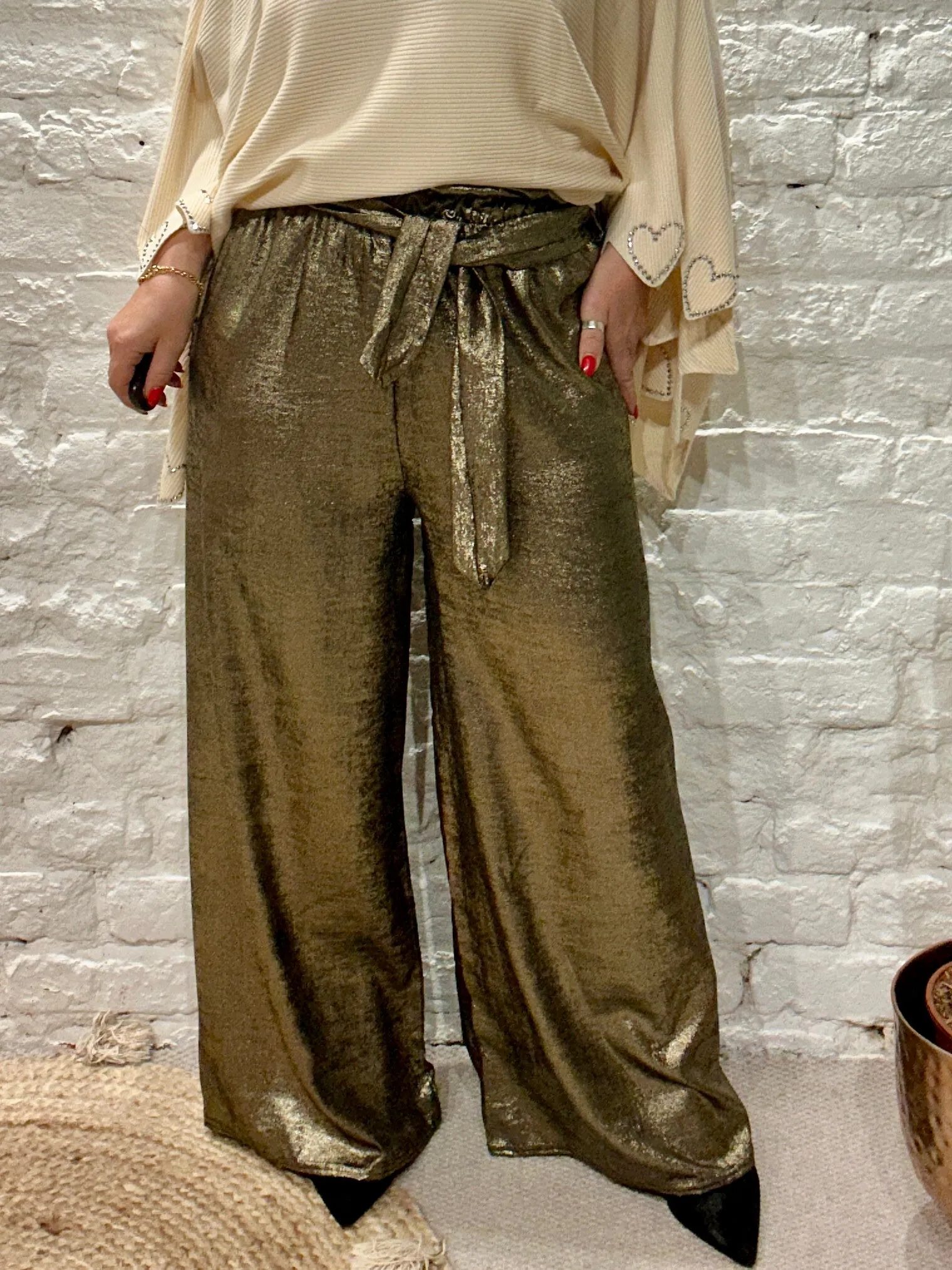 The Shiny Sarah Metallic Wide Leg Trousers With Elastic Waist