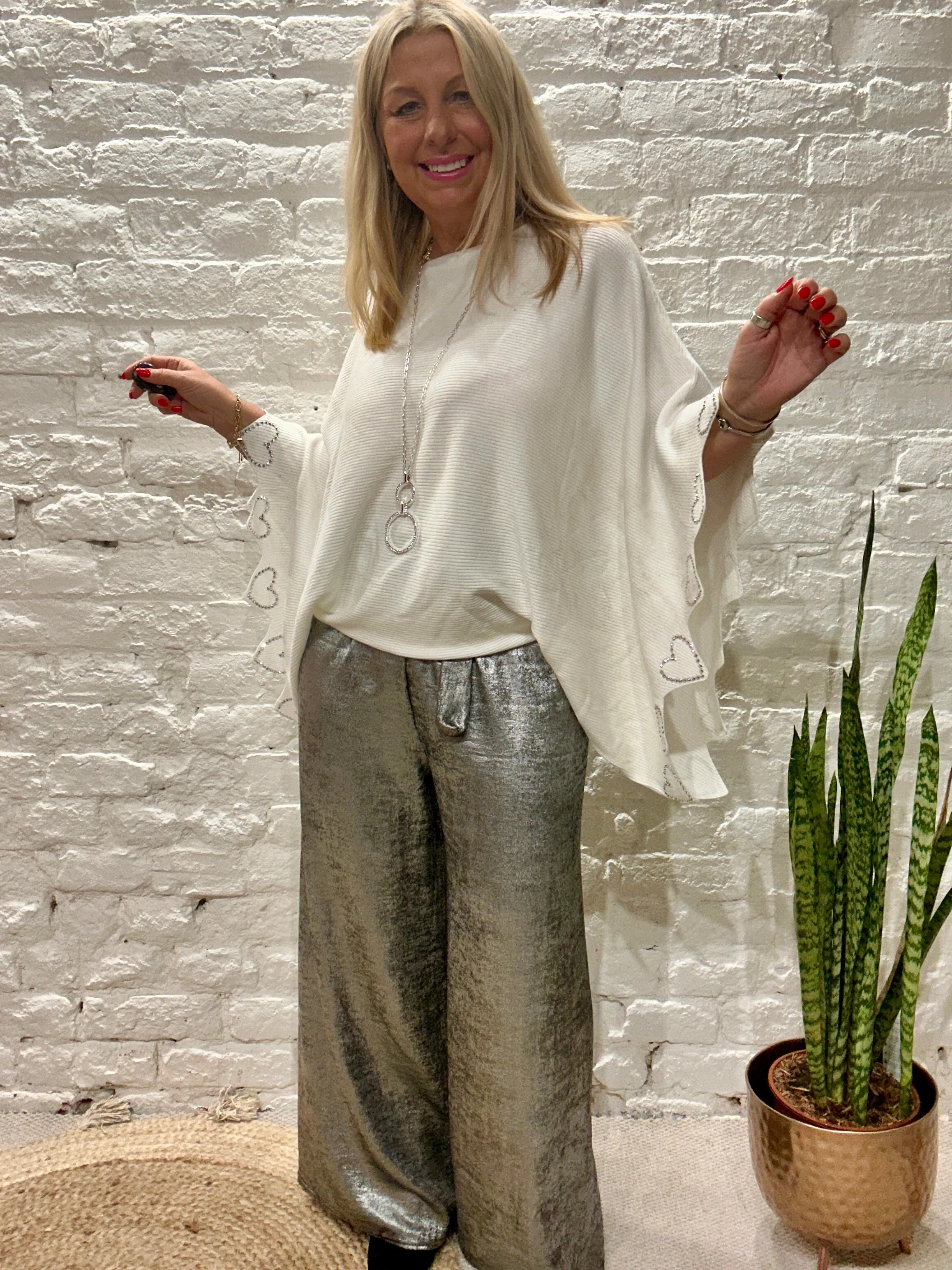 The Shiny Sarah Metallic Wide Leg Trousers With Elastic Waist