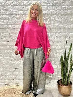 The Shiny Sarah Metallic Wide Leg Trousers With Elastic Waist