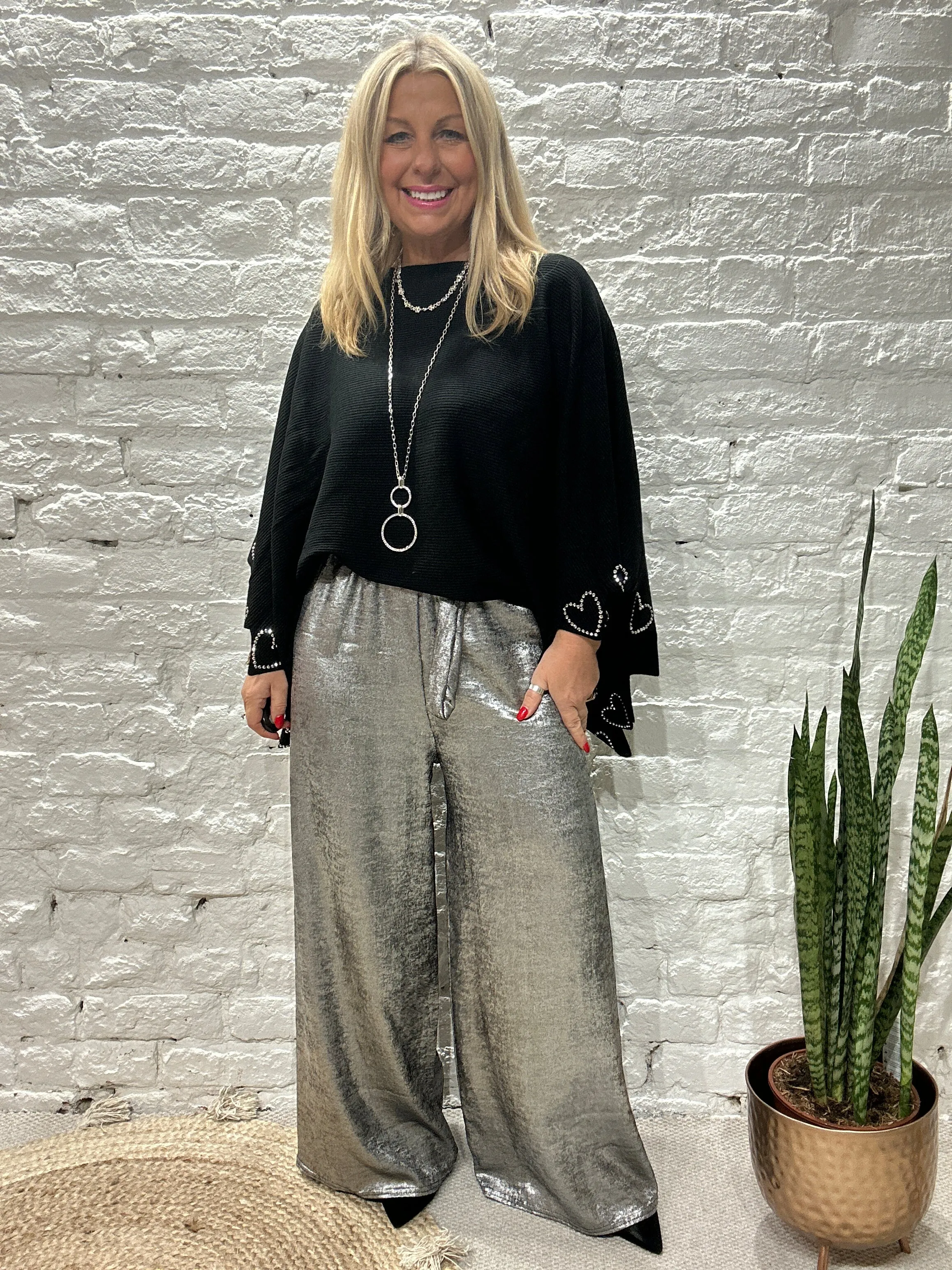 The Shiny Sarah Metallic Wide Leg Trousers With Elastic Waist