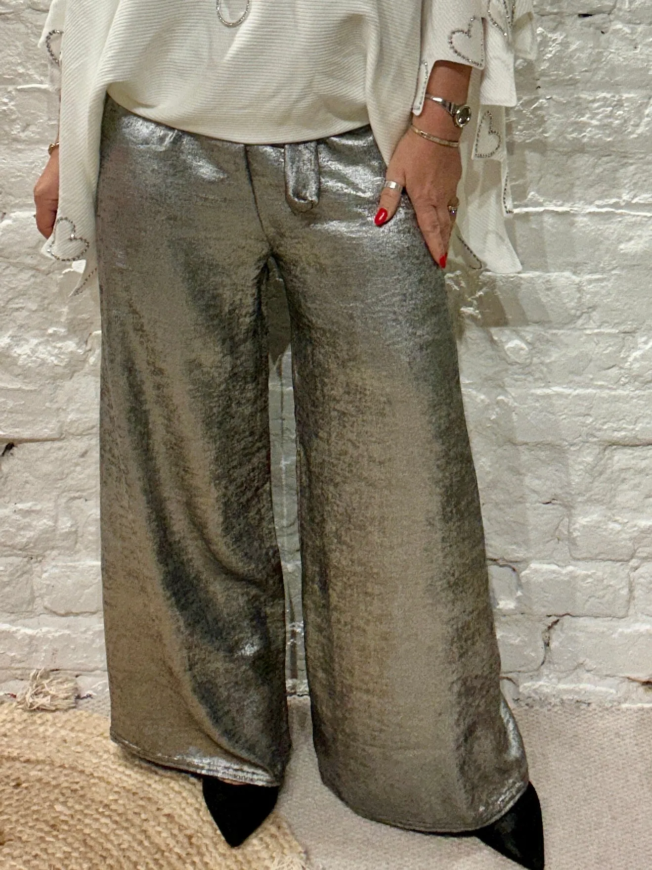 The Shiny Sarah Metallic Wide Leg Trousers With Elastic Waist