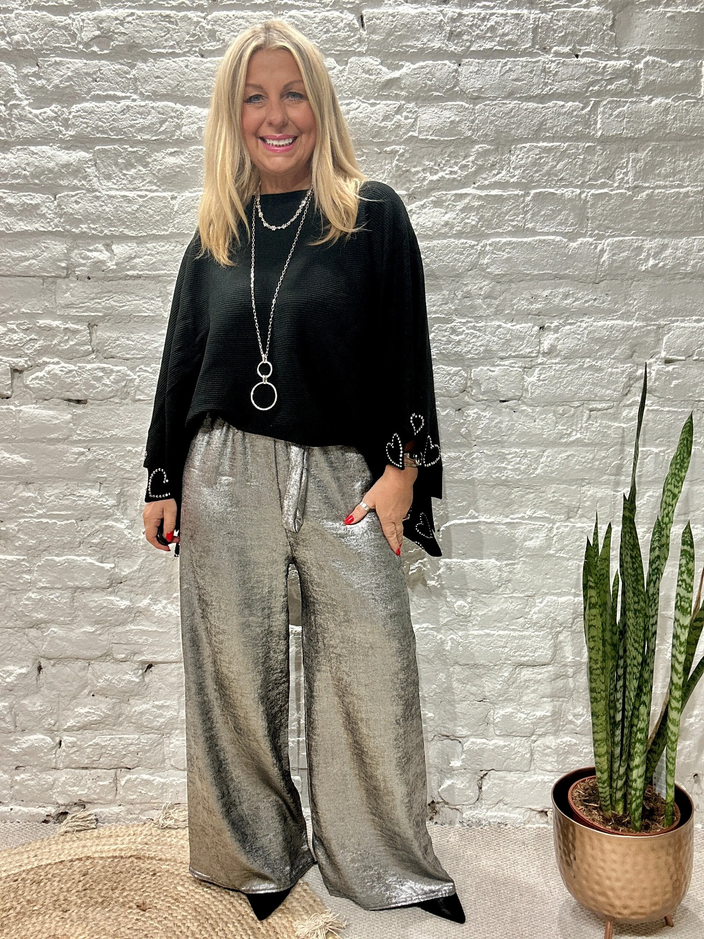 The Shiny Sarah Metallic Wide Leg Trousers With Elastic Waist