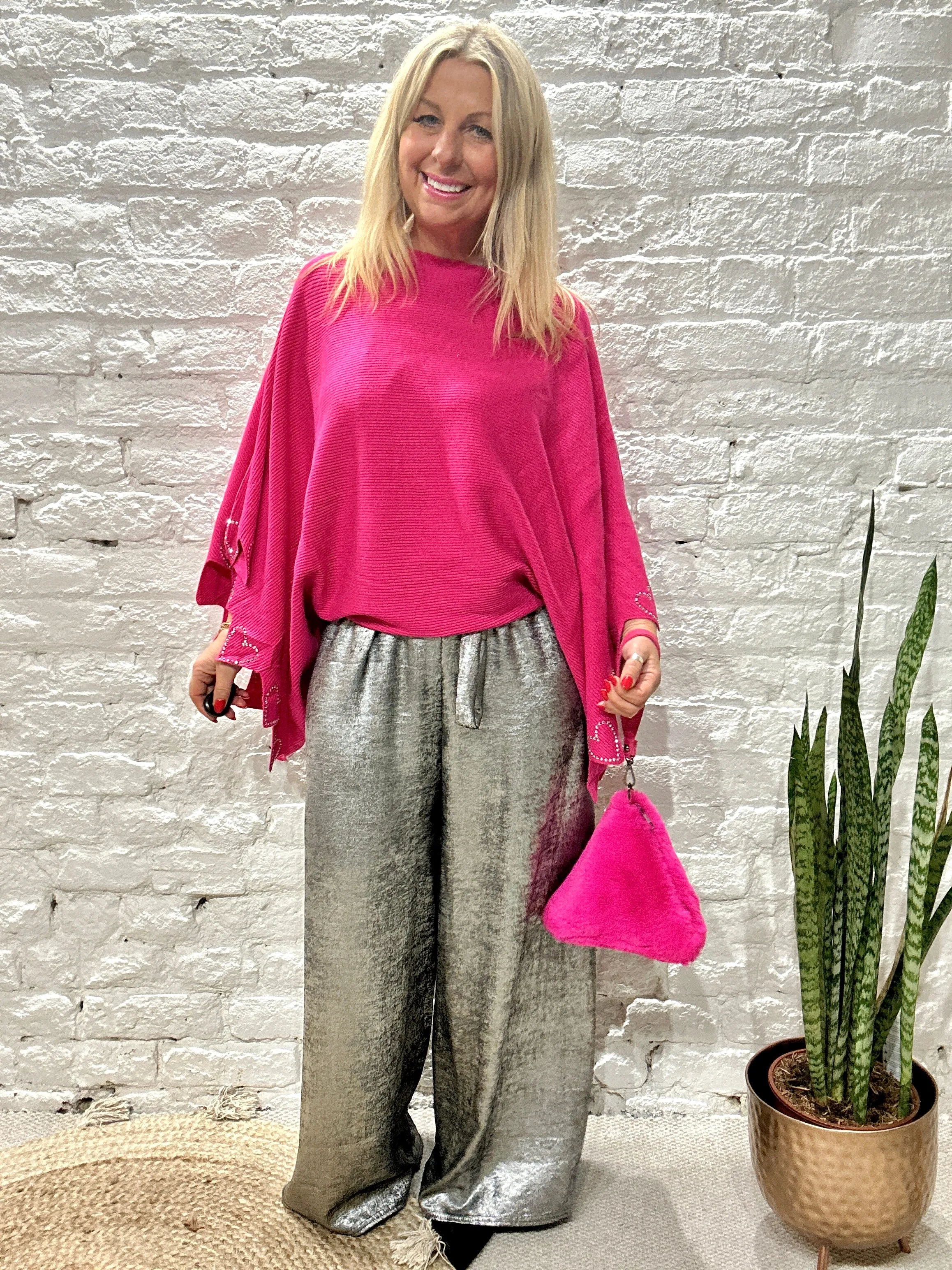 The Shiny Sarah Metallic Wide Leg Trousers With Elastic Waist