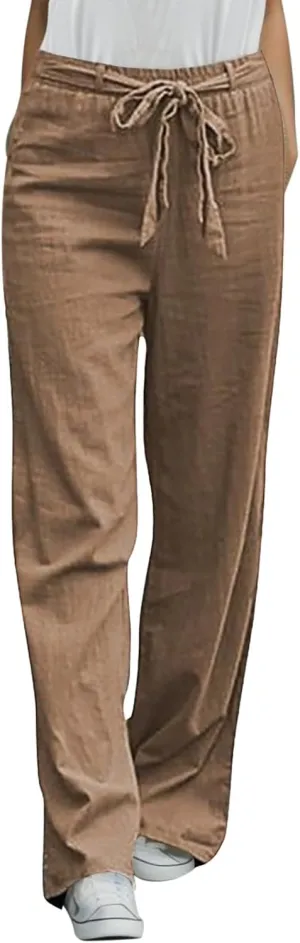Women Linen Summer Drawstring Pant Trousers Low Waist Wide Leg Slim Fit Trousers Office