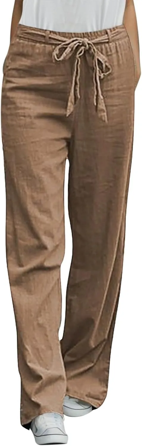 Women Linen Summer Drawstring Pant Trousers Low Waist Wide Leg Slim Fit Trousers Office