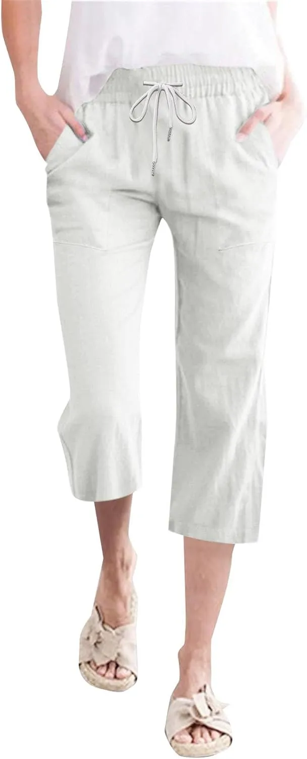Womens Capri Pants Drawstring Elastic Waist Linen Pant Straight Wide Leg Cropped Pants Trouser with Pockets