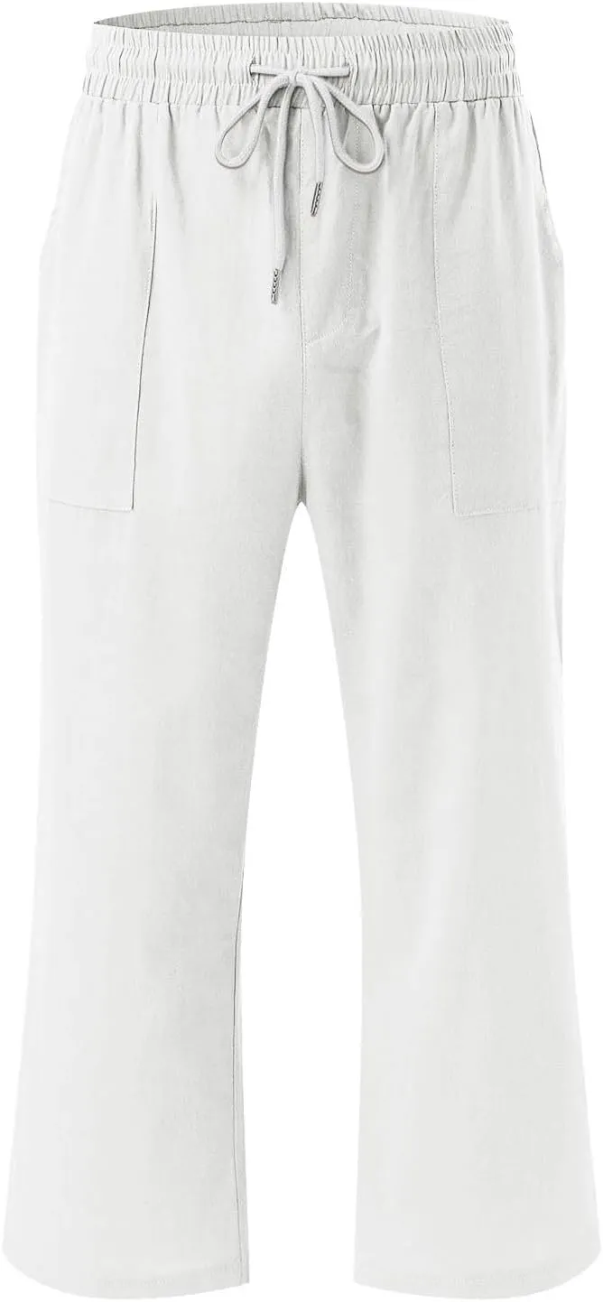 Womens Capri Pants Drawstring Elastic Waist Linen Pant Straight Wide Leg Cropped Pants Trouser with Pockets