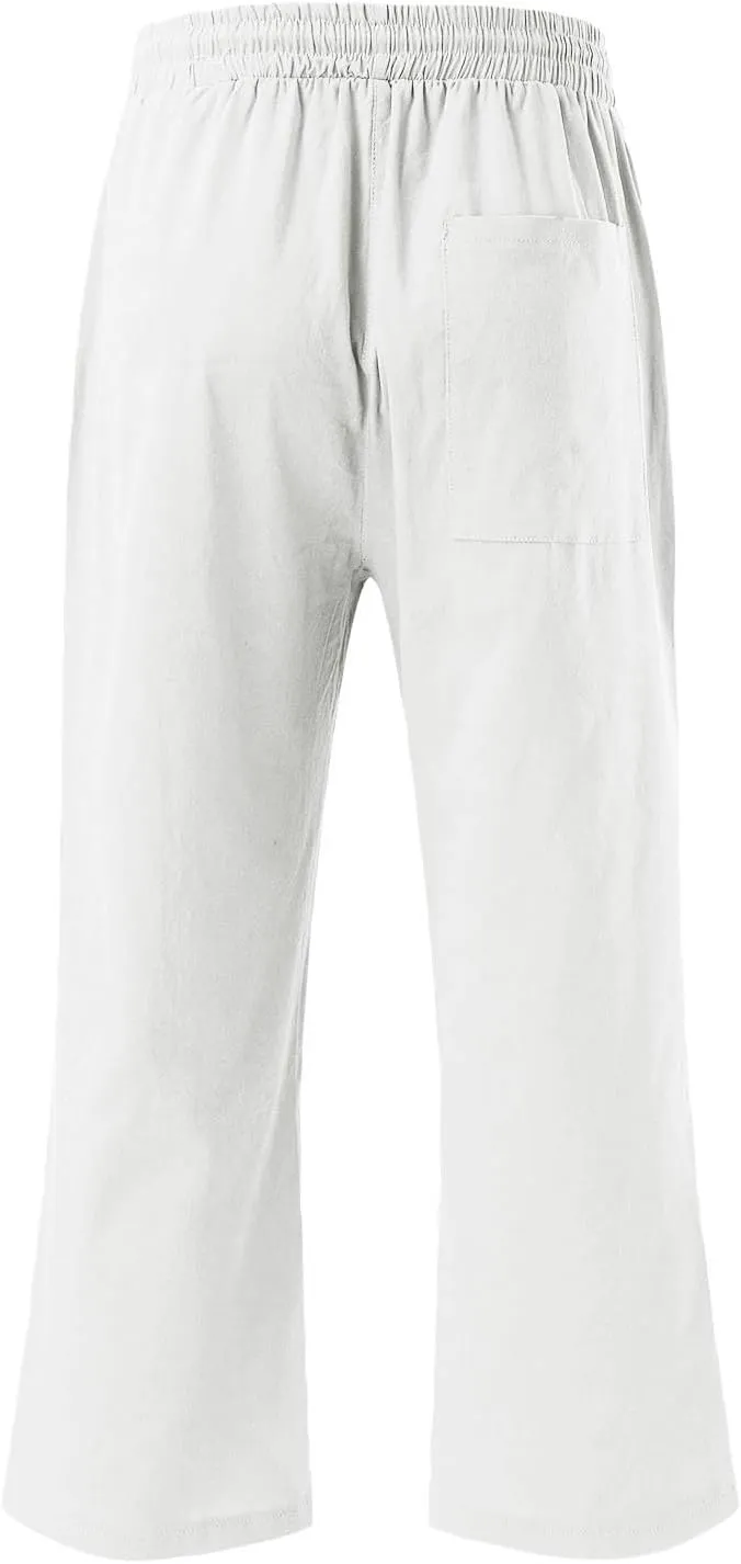 Womens Capri Pants Drawstring Elastic Waist Linen Pant Straight Wide Leg Cropped Pants Trouser with Pockets