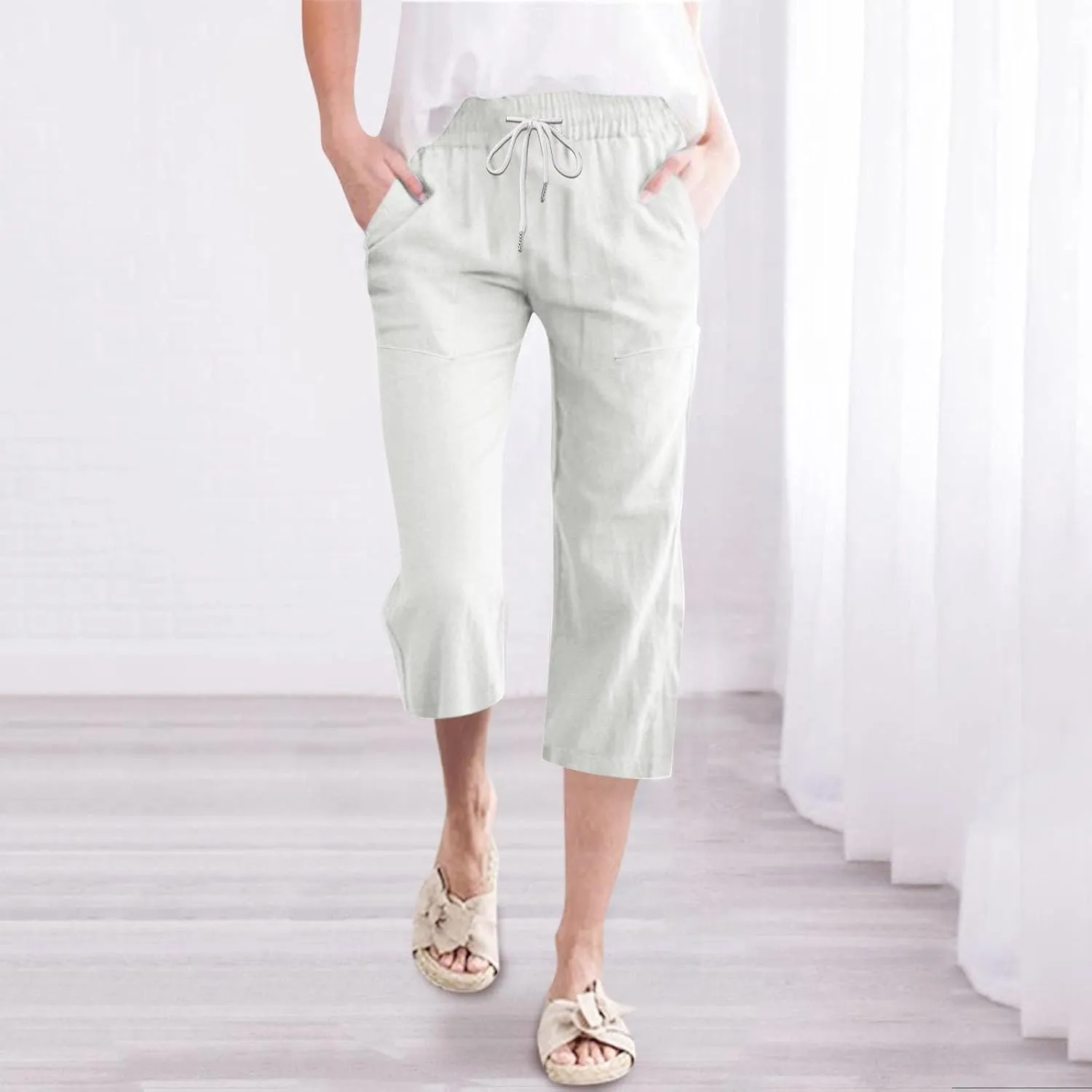 Womens Capri Pants Drawstring Elastic Waist Linen Pant Straight Wide Leg Cropped Pants Trouser with Pockets